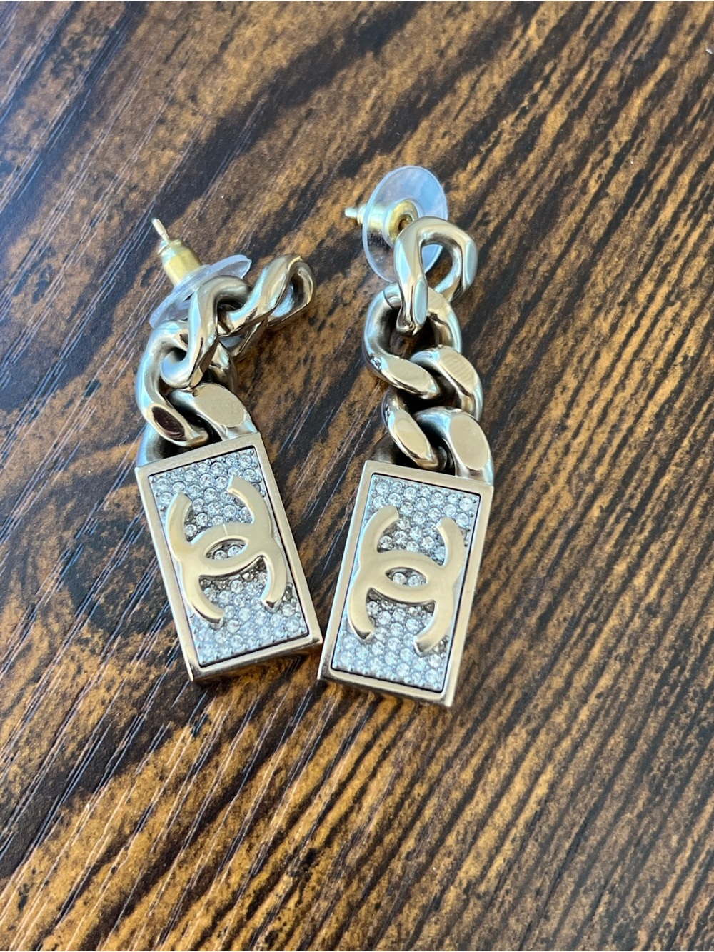 CHANEL Gold-Tone Chain Drop Earrings with Crystal CC Plaques